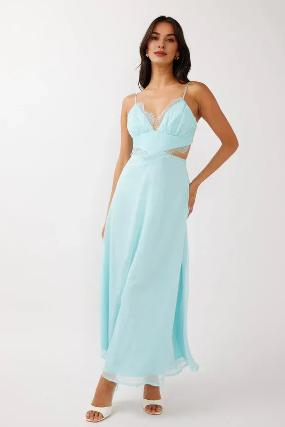V Neck Spaghetti Straps Lace Trim Cut-Out Mint Midi Evening Dress Party Dress