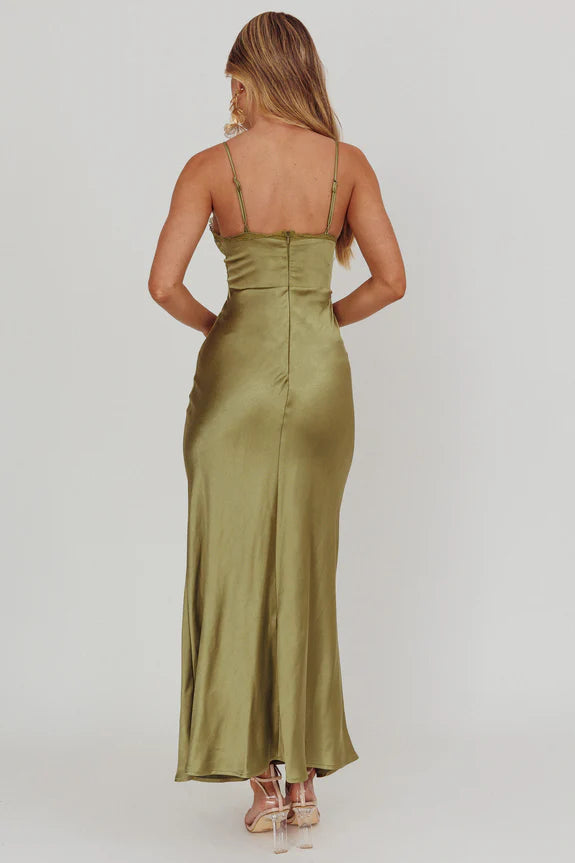 V Neck Spaghetti Straps Lace Trim Olive Maxi Homecoming Dress Prom Dress