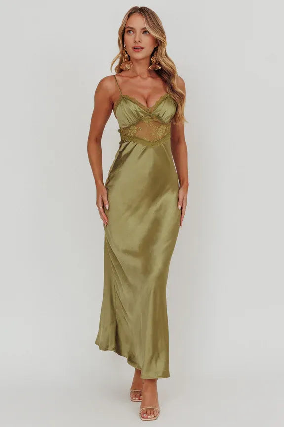 V Neck Spaghetti Straps Lace Trim Olive Maxi Homecoming Dress Prom Dress