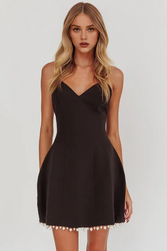 V Neck Spaghetti Straps Pearl Hem Black Mini Homecoming Dress