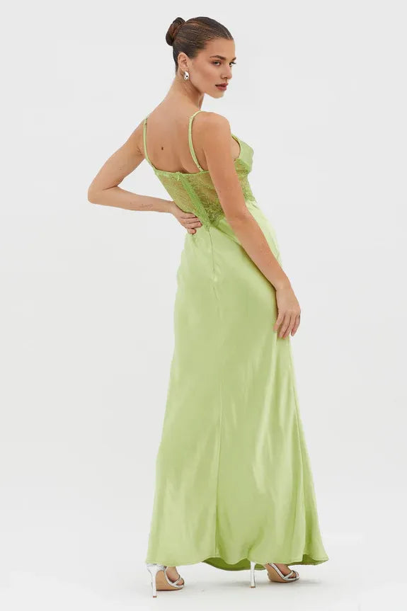 V Neck Spaghetti Straps Pleated Lace Waist Satin Apple Maxi Evening Dress