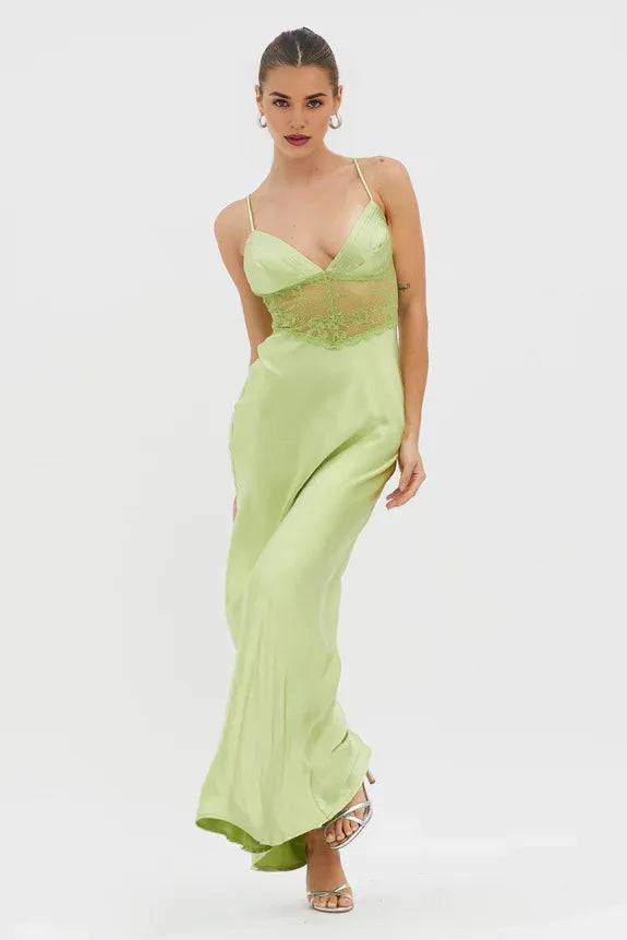 V Neck Spaghetti Straps Pleated Lace Waist Satin Apple Maxi Evening Dress