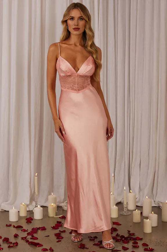 V Neck Spaghetti Straps Pleated Lace Waist Satin Pink Maxi Evening Dress