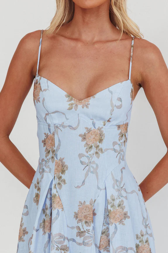 V Neck Spaghetti Straps Printing Pleated Waist Blue Maxi Prom Dress