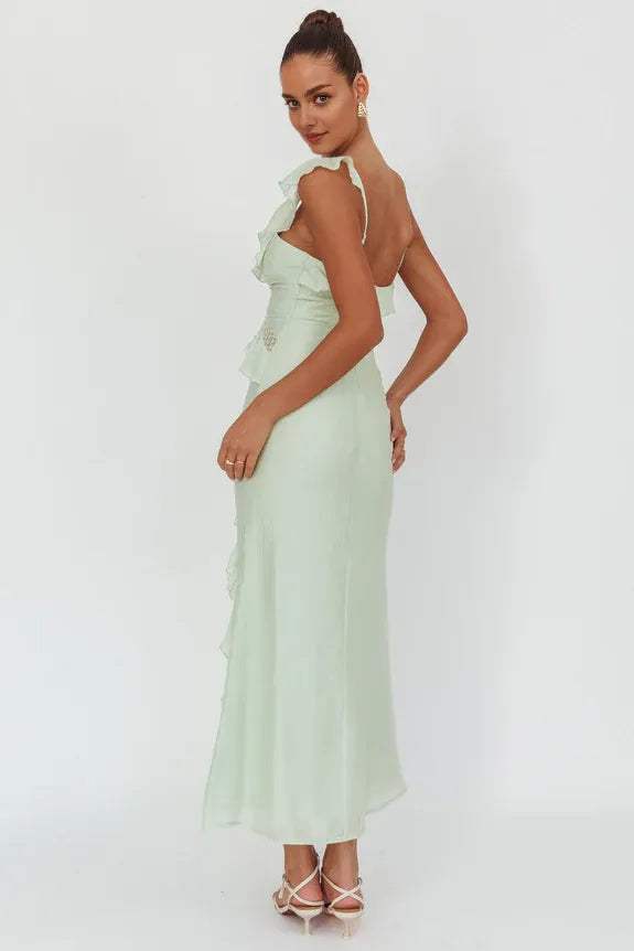 V Neck Spaghetti Straps Ruffle Trim Lace Sage Maxi Homecoming Dress Prom Dress