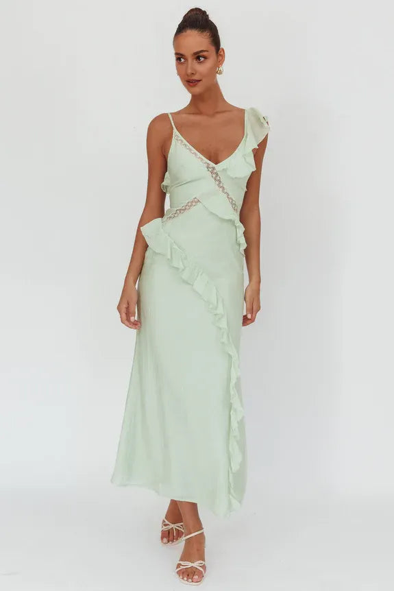 V Neck Spaghetti Straps Ruffle Trim Lace Sage Maxi Homecoming Dress Prom Dress