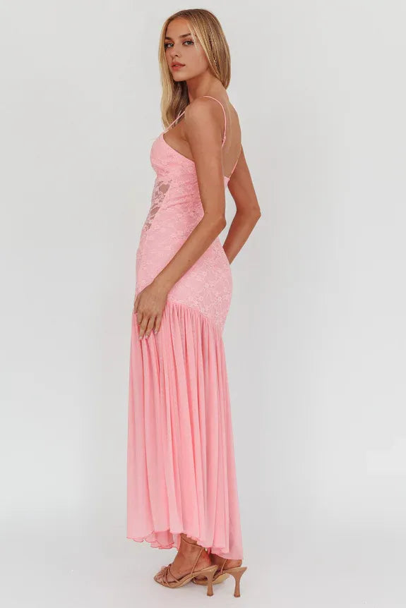 V Neck Spaghetti Straps Sheer Floral Lace Pink Maxi Homecoming Dress Prom Dress