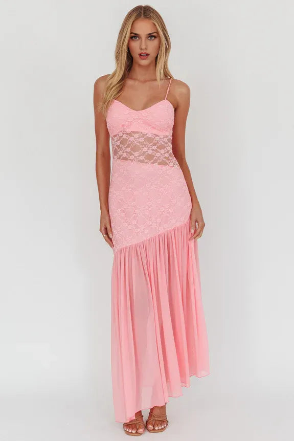 V Neck Spaghetti Straps Sheer Floral Lace Pink Maxi Homecoming Dress Prom Dress