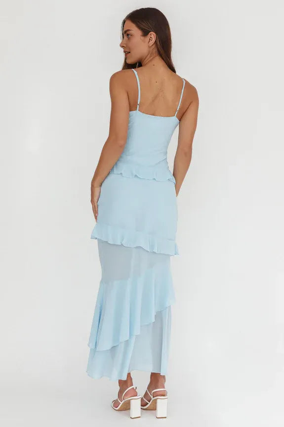 V Neck Spaghetti Straps Tiered Frill Trim Rosette Blue Maxi Prom Dress
