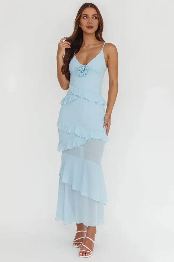 V Neck Spaghetti Straps Tiered Frill Trim Rosette Blue Maxi Prom Dress