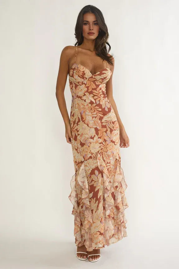 V Neck Strappy Tied Back Ruffle Floral Yellow Maxi Evening Dress Party Dress