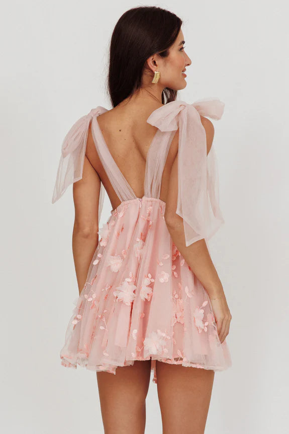 V Neck Tie Shoulder Floral Embroidery Pink Mini Homecoming Dress