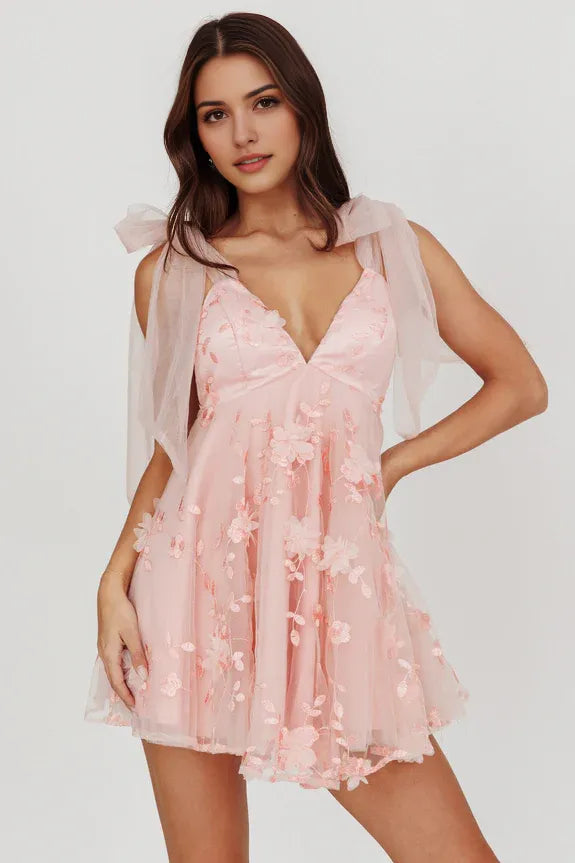 V Neck Tie Shoulder Floral Embroidery Pink Mini Homecoming Dress