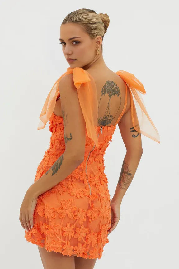 V Neck Tied Shoulder Applique Embellished Orange Mini Homecoming Dress