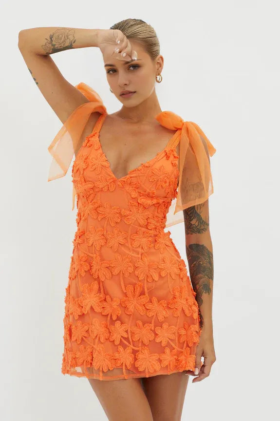 V Neck Tied Shoulder Applique Embellished Orange Mini Homecoming Dress