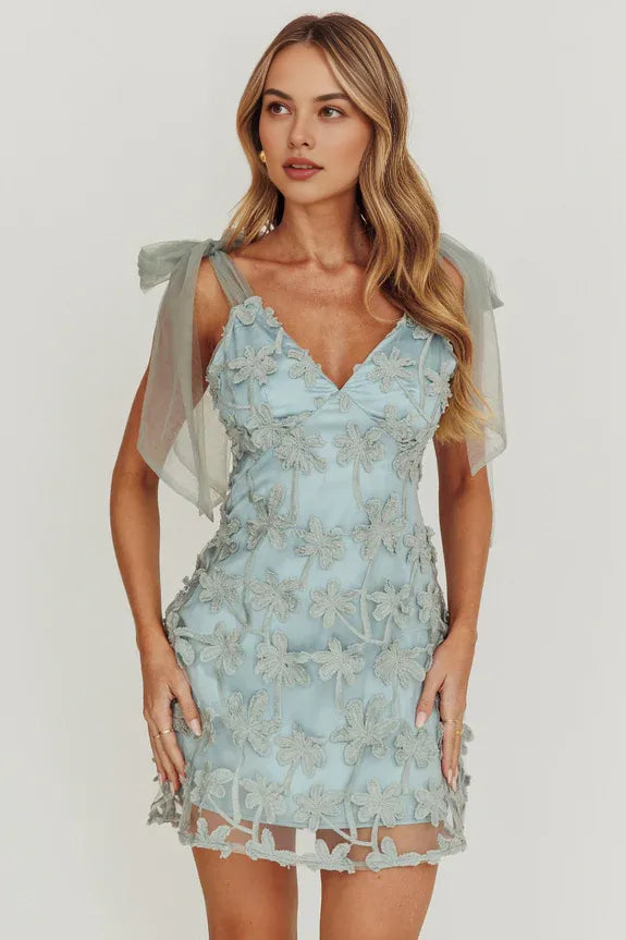 V Neck Tied Shoulder Applique Embellished Sage Mini Homecoming Dress