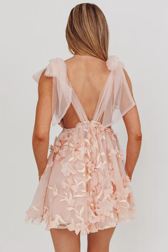 V Neck Tied Shoulder Floral Embellished Pink Mini Homecoming Dress