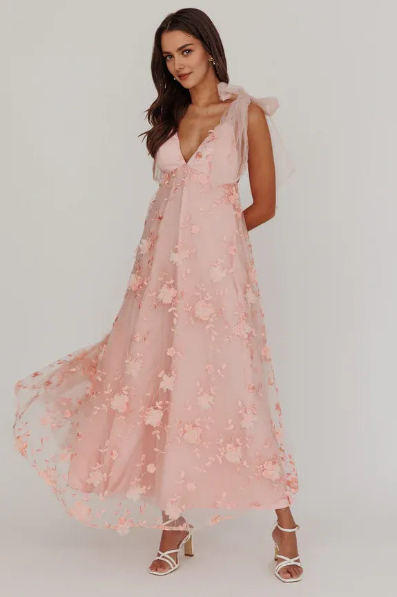 V Neck Tied Shoulder Floral Lace Embellishment Blush Maxi Homecoming Dress Prom Dress