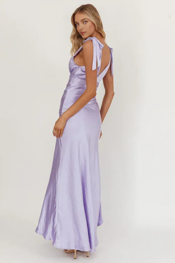 V Neck Tied Shoulder High-Low Hem Navy Homecoming Dress Prom Dress