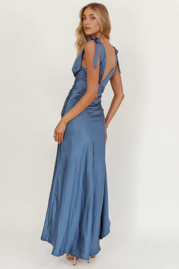V Neck Tied Shoulder High-Low Hem Navy Homecoming Dress Prom Dress