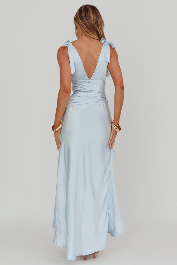 V Neck Tied Shoulder High-Low Hem Navy Homecoming Dress Prom Dress