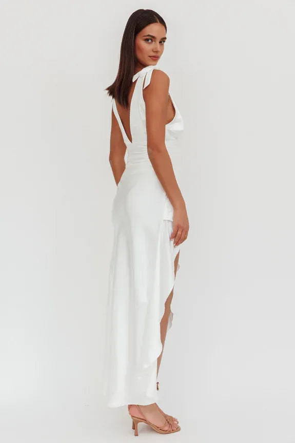 V Neck Tied Shoulder High-Low Hem Navy Homecoming Dress Prom Dress