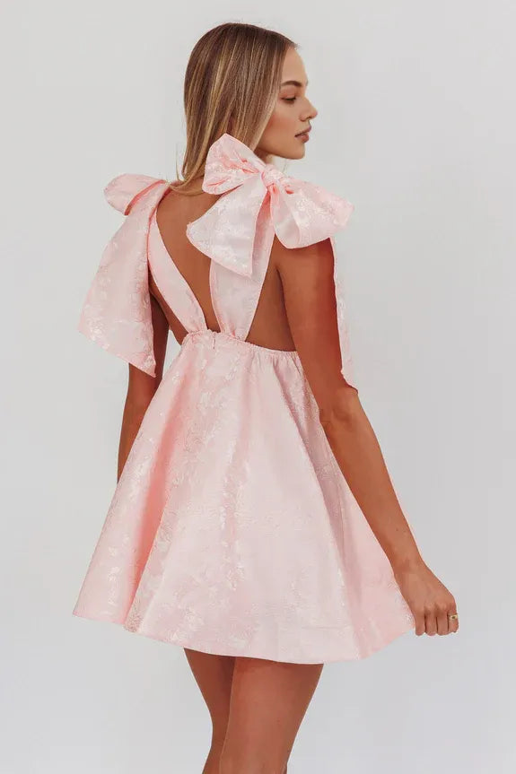 V Neck Tied Shoulder Jacquard Blush Mini Homecoming Dress With Bow