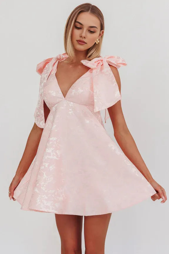 V Neck Tied Shoulder Jacquard Blush Mini Homecoming Dress With Bow