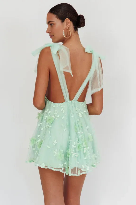 V Neck Tied Shoulder Lace Sage Mini Homecoming Dress With Floral Applique