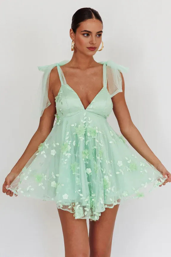 V Neck Tied Shoulder Lace Sage Mini Homecoming Dress With Floral Applique
