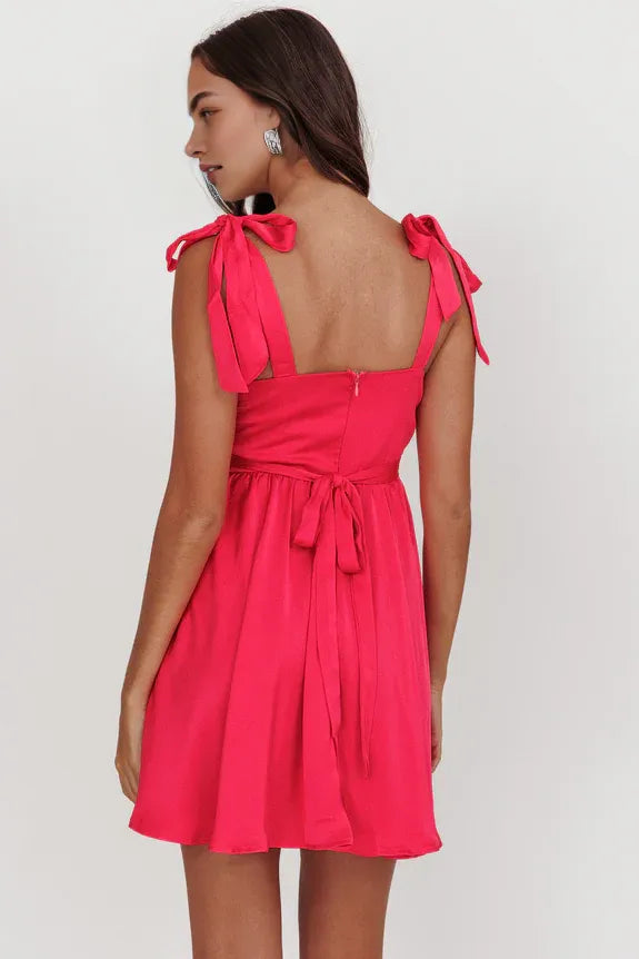 V Neck Tied Shoulder Waist Tie Hot Pink Mini Homecoming Dress