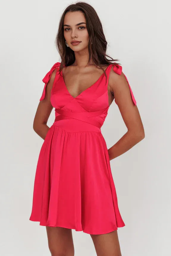 V Neck Tied Shoulder Waist Tie Hot Pink Mini Homecoming Dress