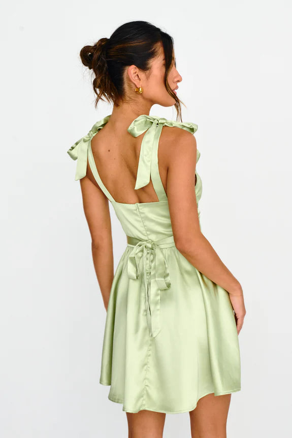 V Neck Tied Shoulder Waist Tie Satin Lime Mini Homecoming Dress