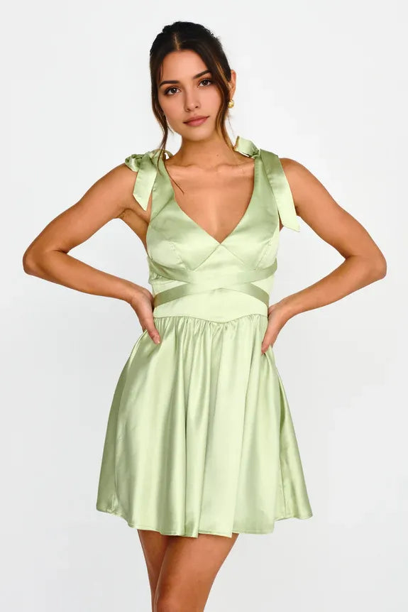 V Neck Tied Shoulder Waist Tie Satin Lime Mini Homecoming Dress