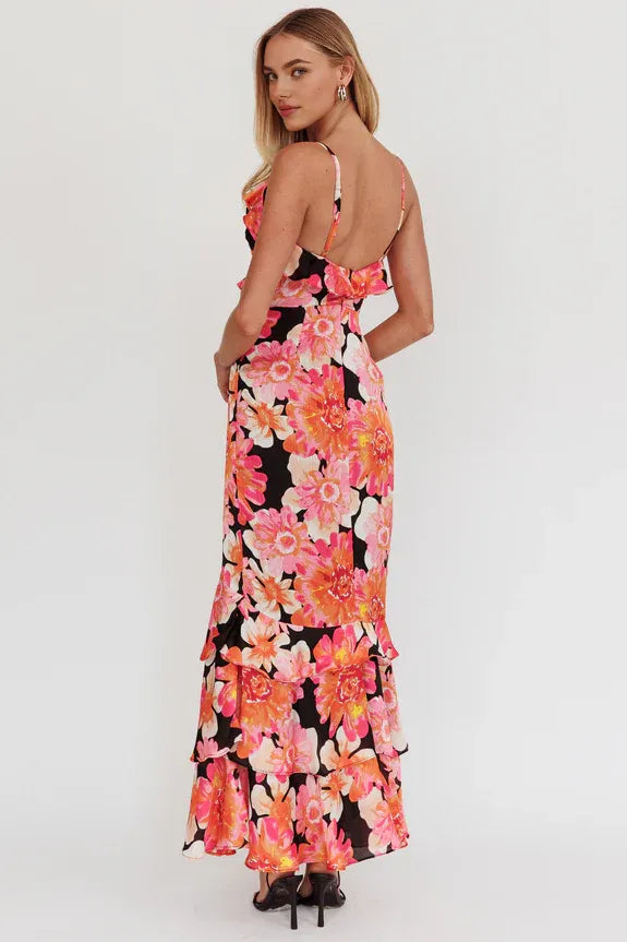 V Neck Tiered Frill Trim Black And Pink Maxi Evening Dress With Front Slit