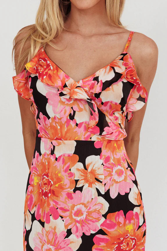 V Neck Tiered Frill Trim Black And Pink Maxi Evening Dress With Front Slit