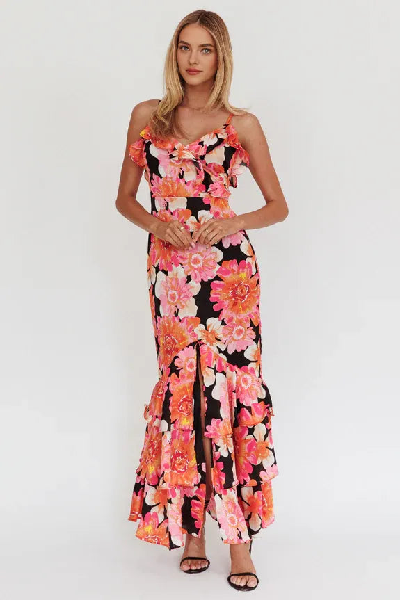 V Neck Tiered Frill Trim Black And Pink Maxi Evening Dress With Front Slit