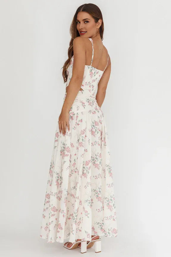 V Neck Waist Cut-Out Floral Cream Pink Maxi Evening Dress Party Dress
