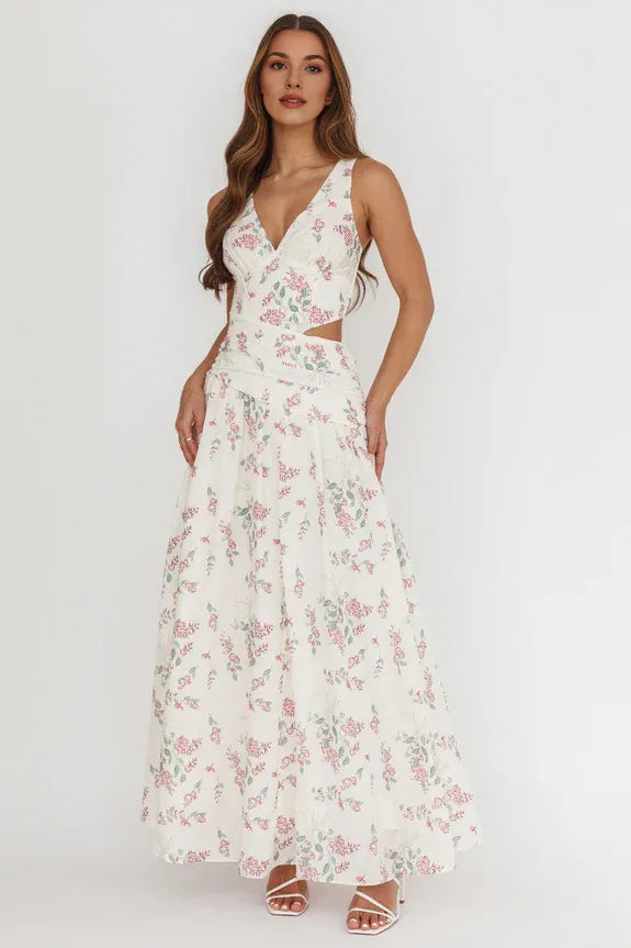V Neck Waist Cut-Out Floral Cream Pink Maxi Evening Dress Party Dress