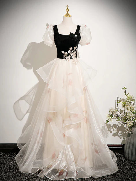 Velvet Tulle A-line Short Sleeves Party Dress Long Scoop Evening Dress