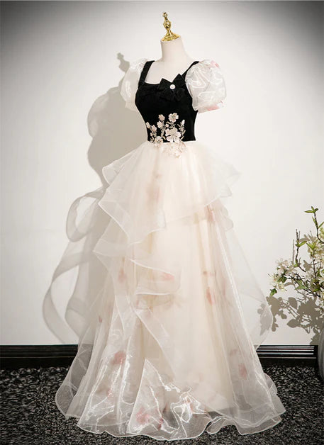 Velvet Tulle A-line Short Sleeves Party Dress Long Scoop Evening Dress