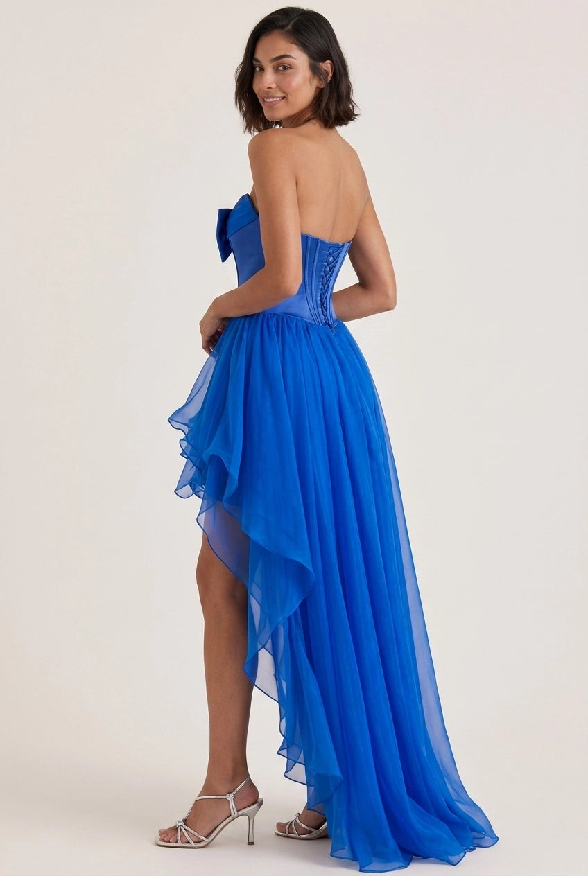 Vibrant A-Line Strapless Corset Bow Satin Organza Ocean Blue High-Low Prom Dress