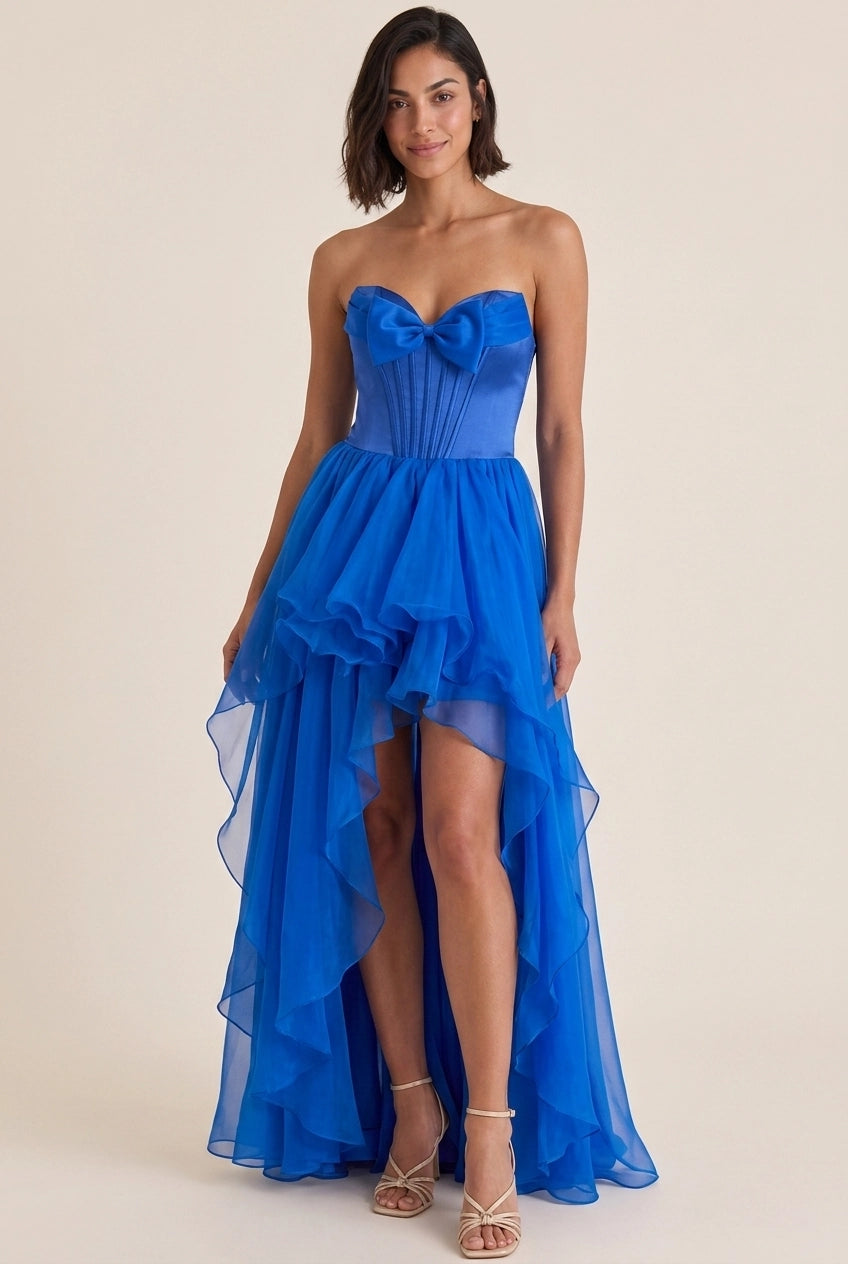 Vibrant A-Line Strapless Corset Bow Satin Organza Ocean Blue High-Low Prom Dress