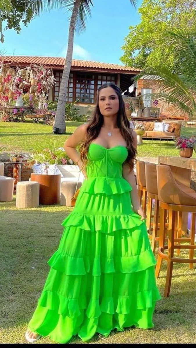 Vibrant A-Line Sweetheart Corset Tiered Ruffles Neon Green Floor-Length Prom Dress