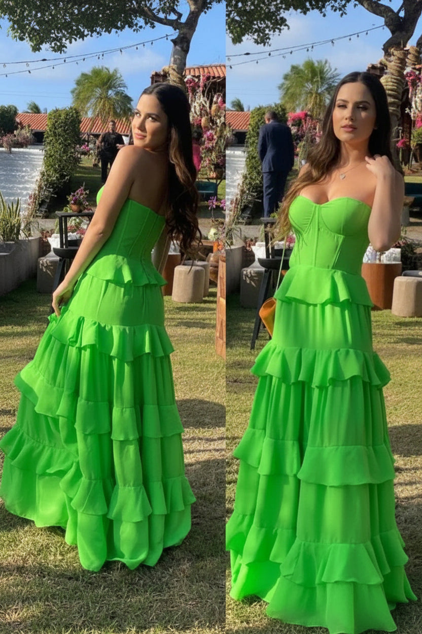 Vibrant A-Line Sweetheart Corset Tiered Ruffles Neon Green Floor-Length Prom Dress