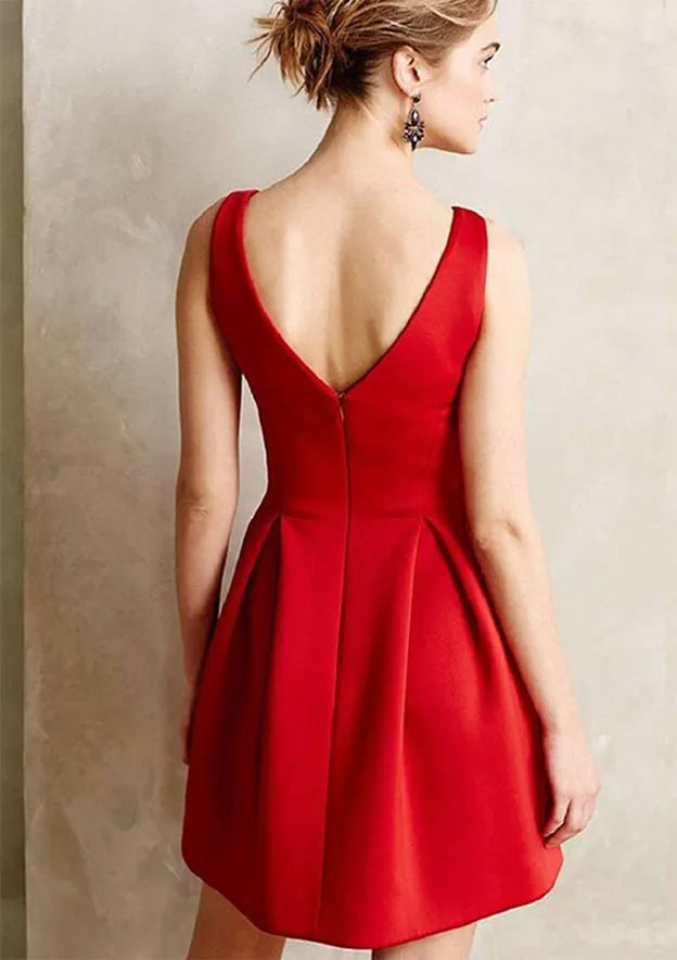 Vibrant A-Line V-Neck Sleeveless Pleated Satin Red Mini Homecoming Dress Price