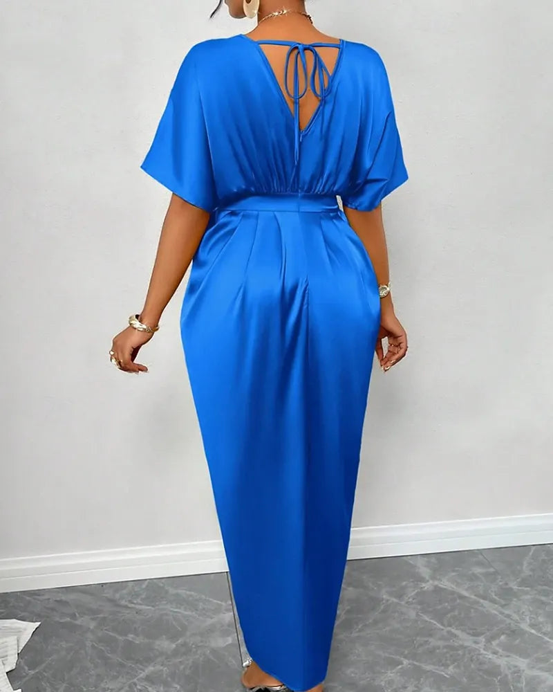 Vibrant A-line V-neck Dolman-sleeve Ruched Royal Blue Maxi Evening Dress for Women Ready to Ship