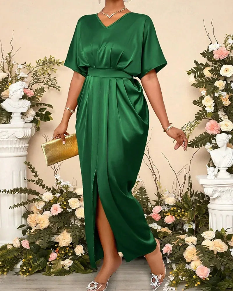 Vibrant A-line V-neck Dolman-sleeve Ruched Royal Blue Maxi Evening Dress for Women Ready to Ship