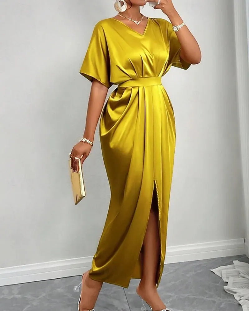 Vibrant A-line V-neck Dolman-sleeve Ruched Royal Blue Maxi Evening Dress for Women Ready to Ship
