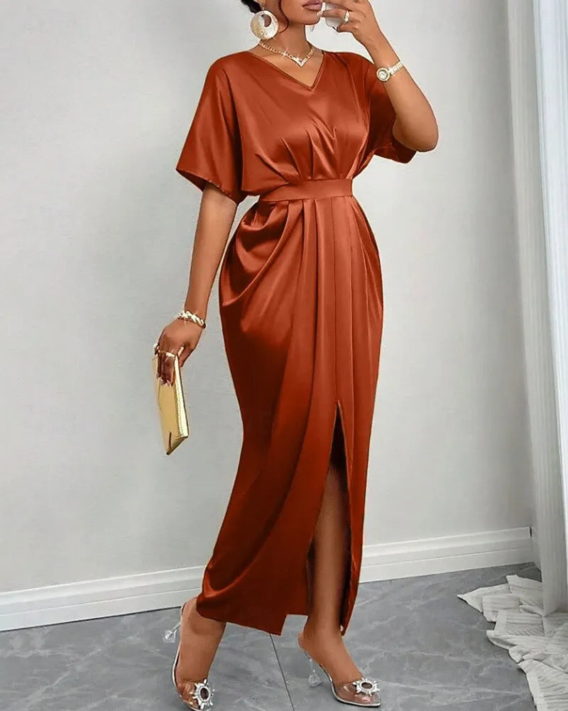 Vibrant A-line V-neck Dolman-sleeve Ruched Royal Blue Maxi Evening Dress for Women Ready to Ship